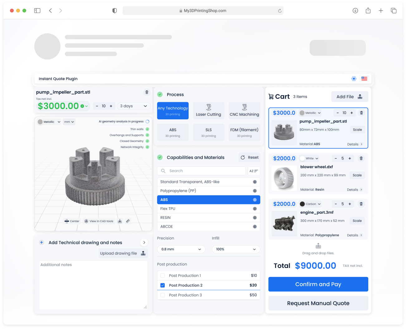 Le widget de devis instantané SeekMake : le client importe son fichier CAO, choisit le procédé, la matière et la quantité, et voit le prix immédiatement.