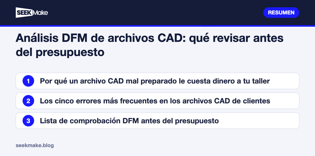 Análisis DFM de archivos CAD: qué revisar antes del presupuesto: resumen de los puntos clave