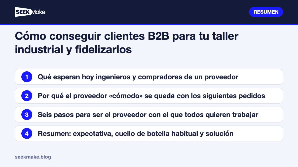 Cómo conseguir clientes B2B para tu taller industrial y fidelizarlos: resumen de los puntos clave