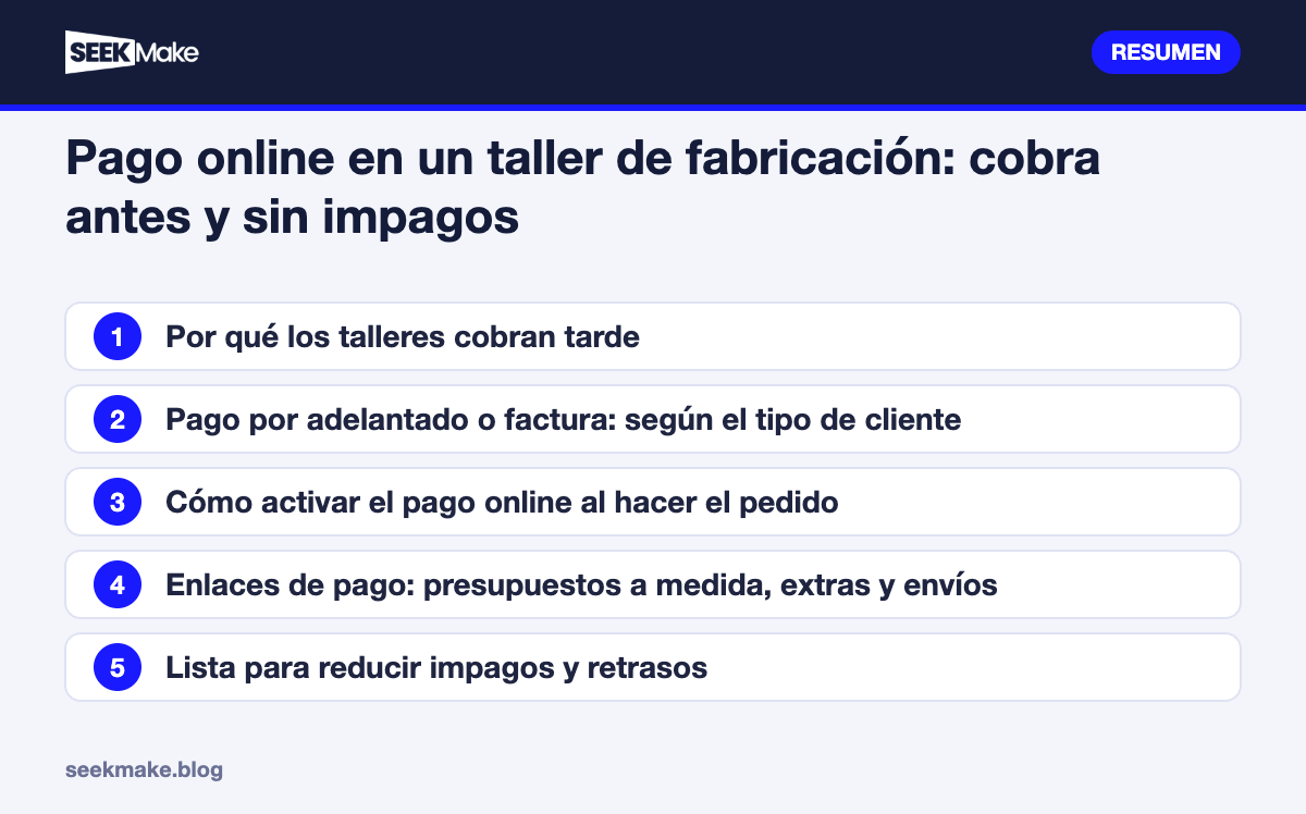 Pago online en un taller de fabricación: cobra antes y sin impagos: resumen de los puntos clave